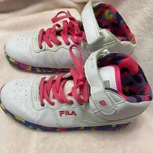 Fila Vulc Mashup Women’s Hi Top Sneakers in pink purple & yellow size 6 1/2”